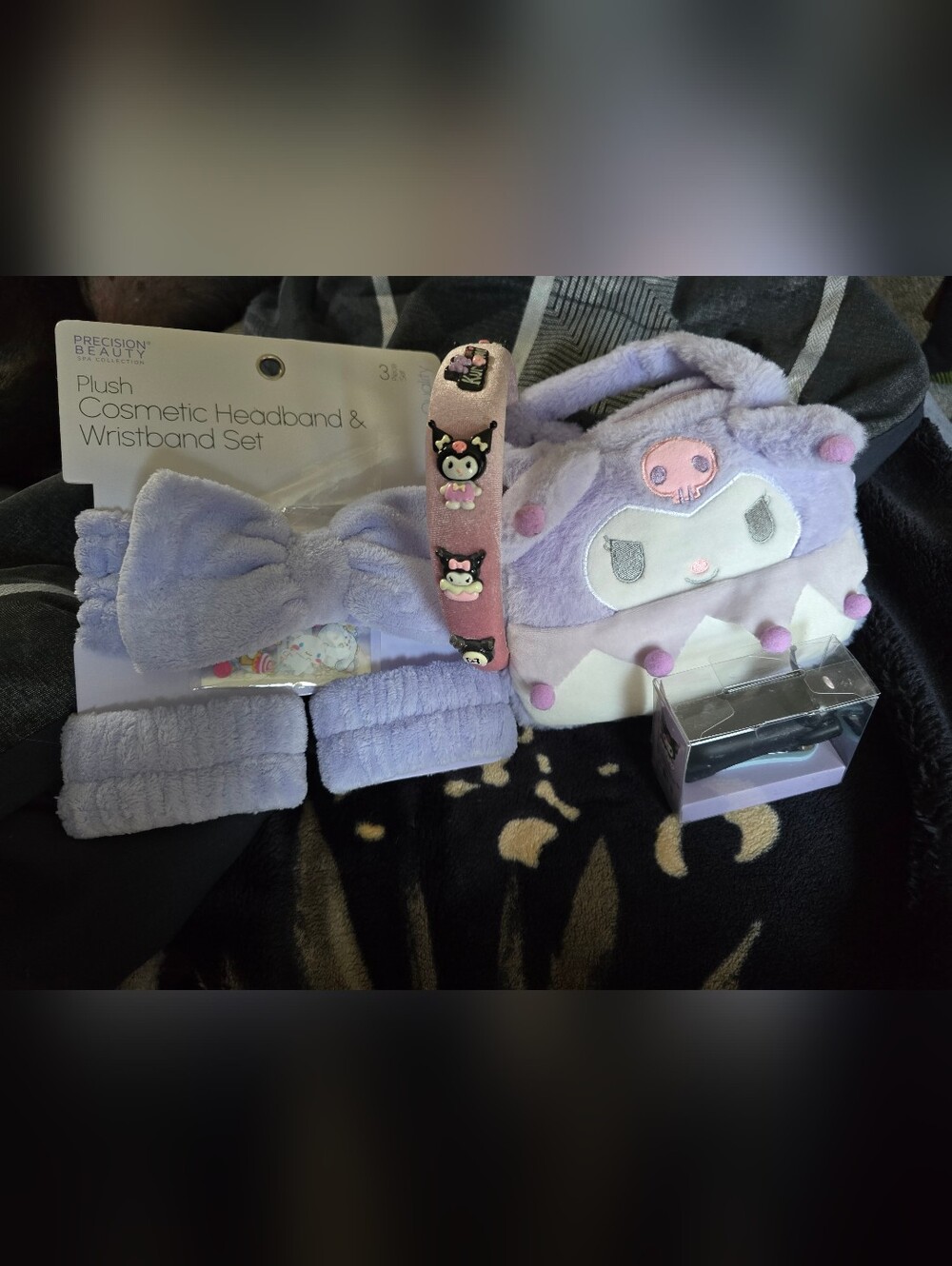 Plush Cosmetic Headband & Wristband Set with Lavender Character Bag